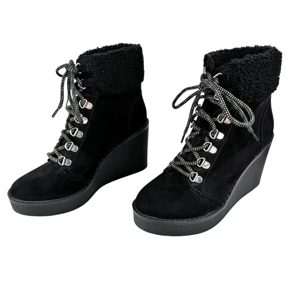Esprit Roxy Womens Suede Wedge Faux Fur Ankle Bootie 7M‎ Black Lace Up Cozy